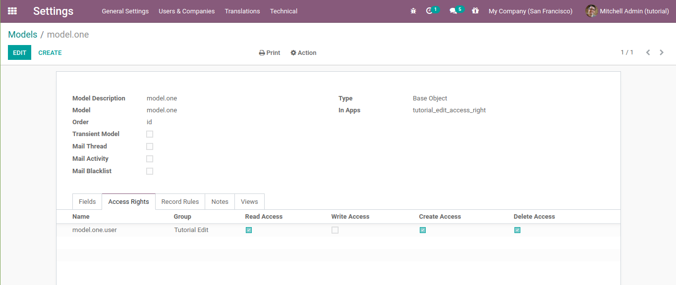 Remove the odoo write access right from a model